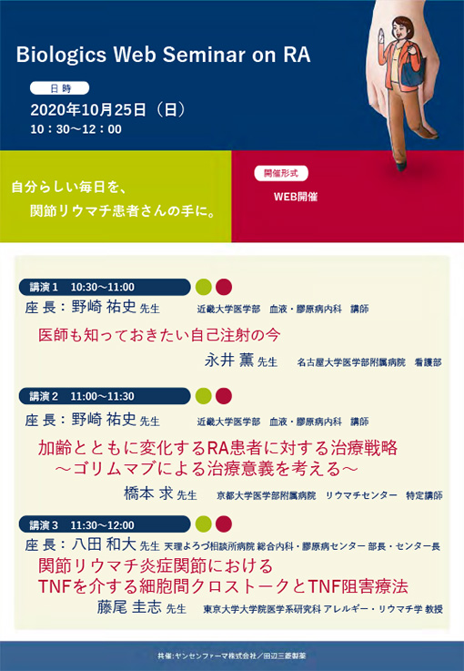 医師も知っておきたい自己注射の今／加齢とともに変化するRA患者に対する治療戦略～ゴリムマブによる治療意義を考える～／関節リウマチ炎症関節におけるTNFを介する細胞間クロストークとTNF阻害療法